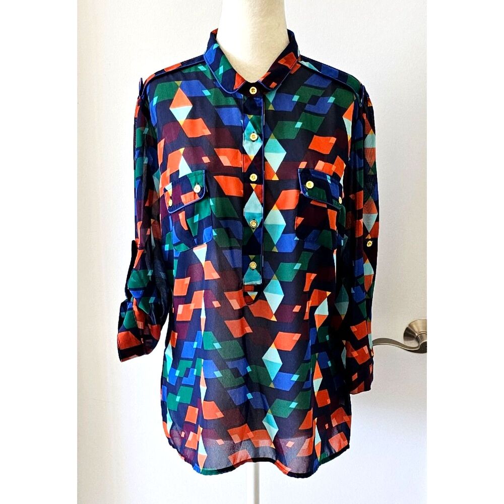 A.N.A Women Multicolor Top Blouse Size M Collared Button Up Long Sleeve Pockets